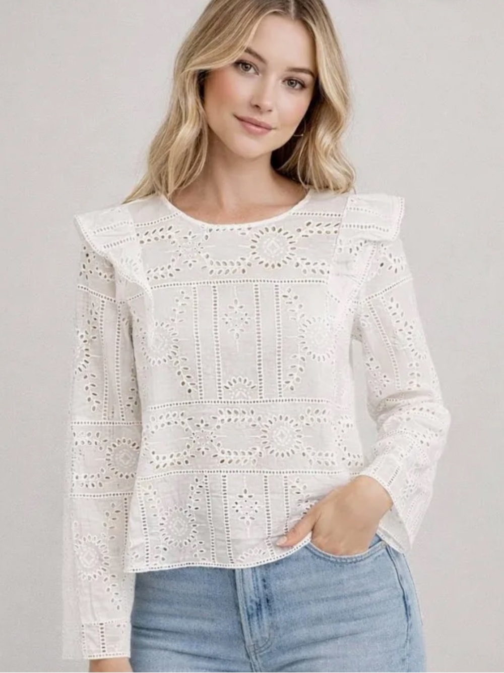 The Kooples White Eyelet Flower Embroidery Ruffle Blouse Size Small
